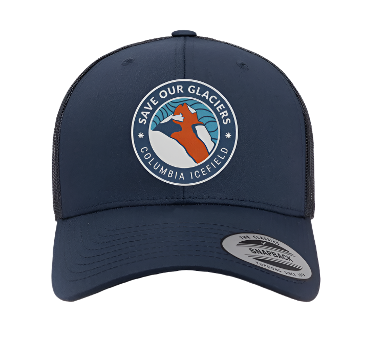 Navy blue cap with 'Save Our Glaciers' logo on a light gray background