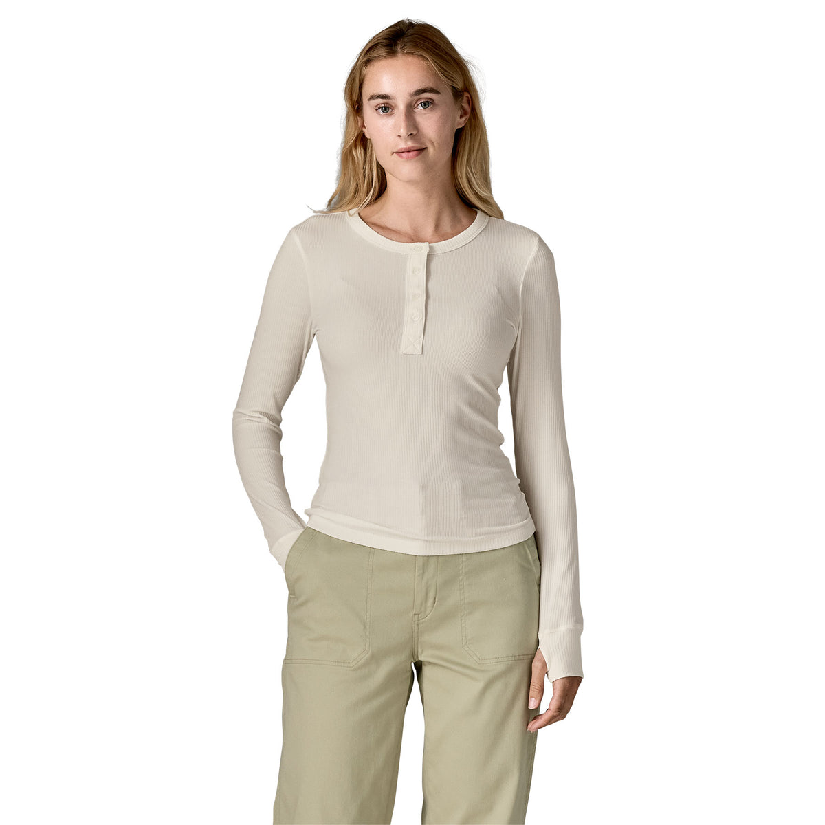 Women's Long Sleeved Rib Knit Henley